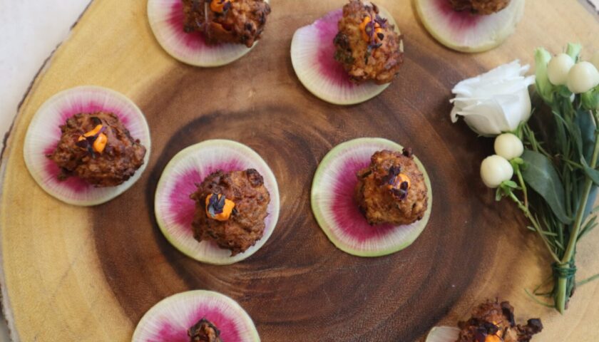Lobster fritters with red pepper rouille served at a Boston event by Johnny Burke Catering.