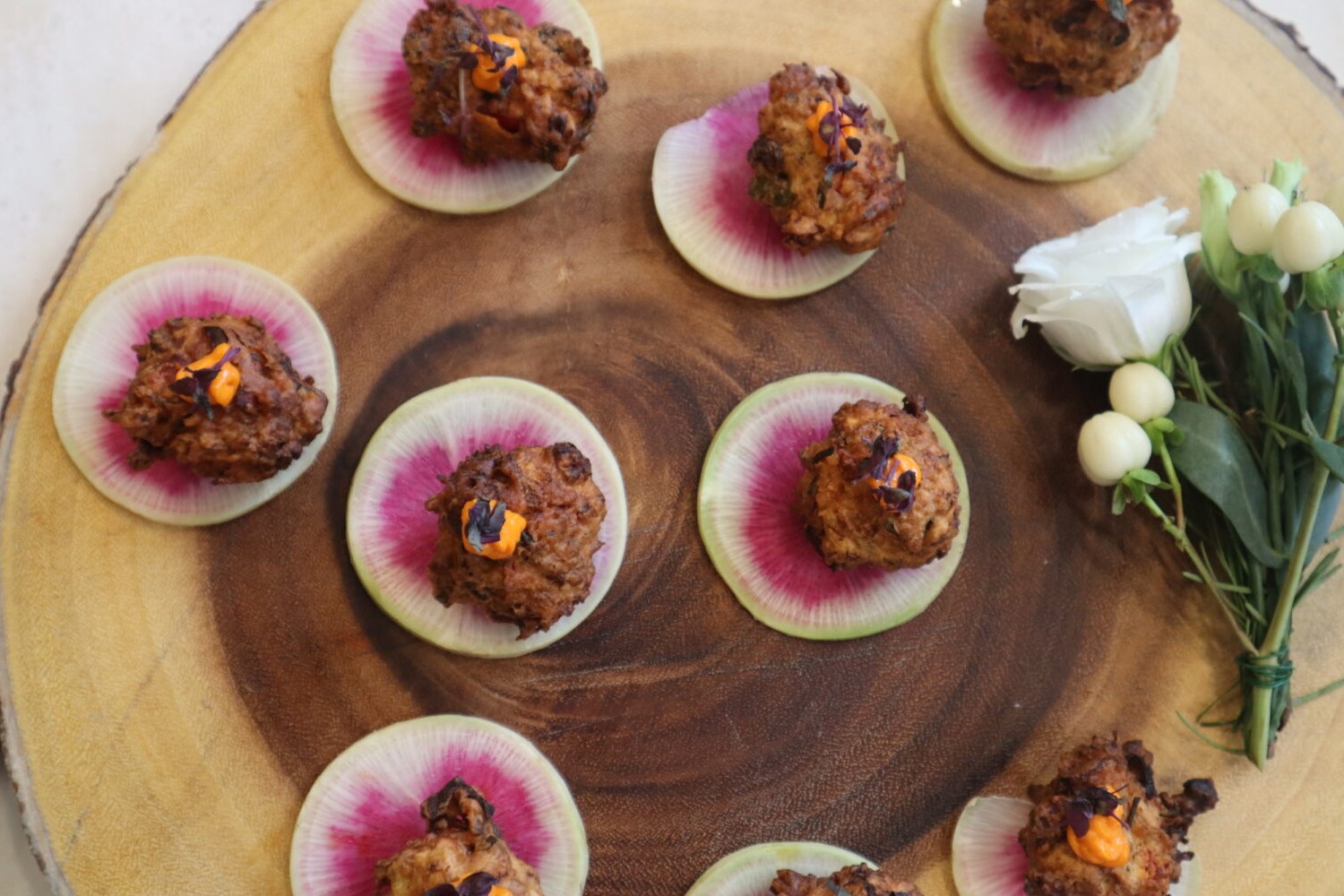 Lobster fritters with red pepper rouille served at a Boston event by Johnny Burke Catering.