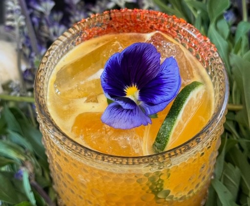 A vibrant cocktail garnished with an edible flower, showcasing colorful floral details.