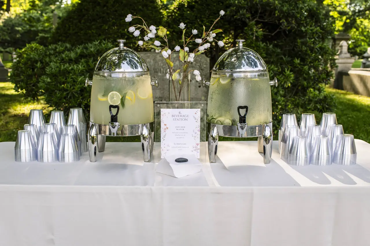 A beautiful beverage station at a private dinner party in Boston catered by Johnny Burke Catering & Events.