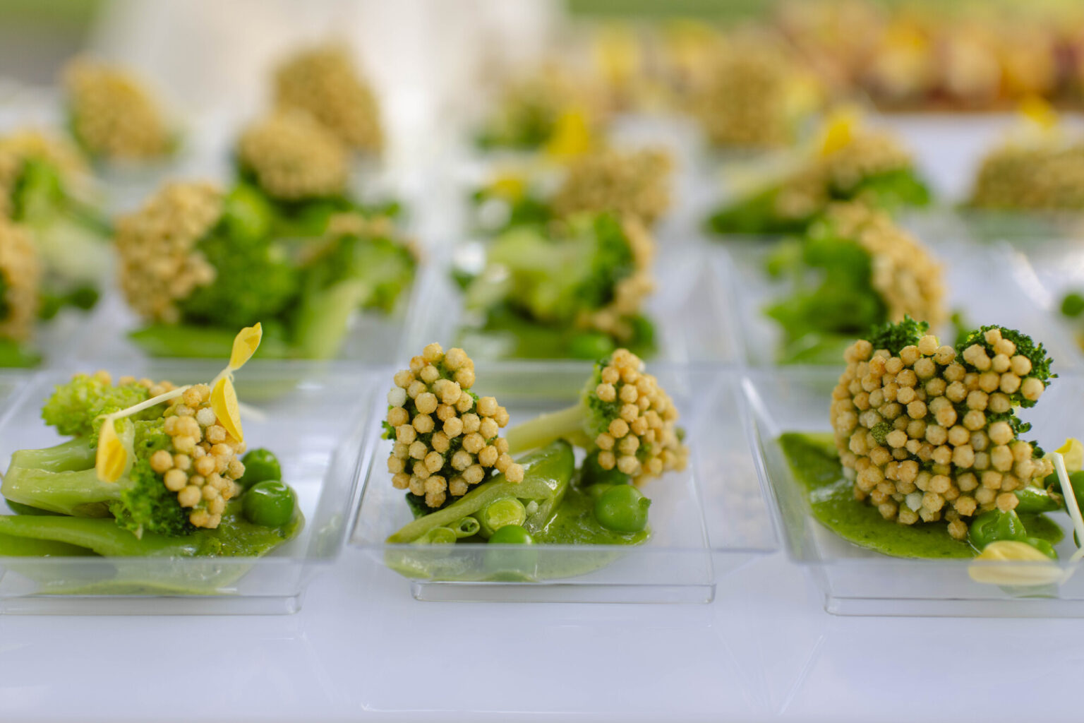 Summer Green Vegetable Salad with Coconut Green Goddess Dressing and Puffed Rice, perfect for a rehearsal dinner.